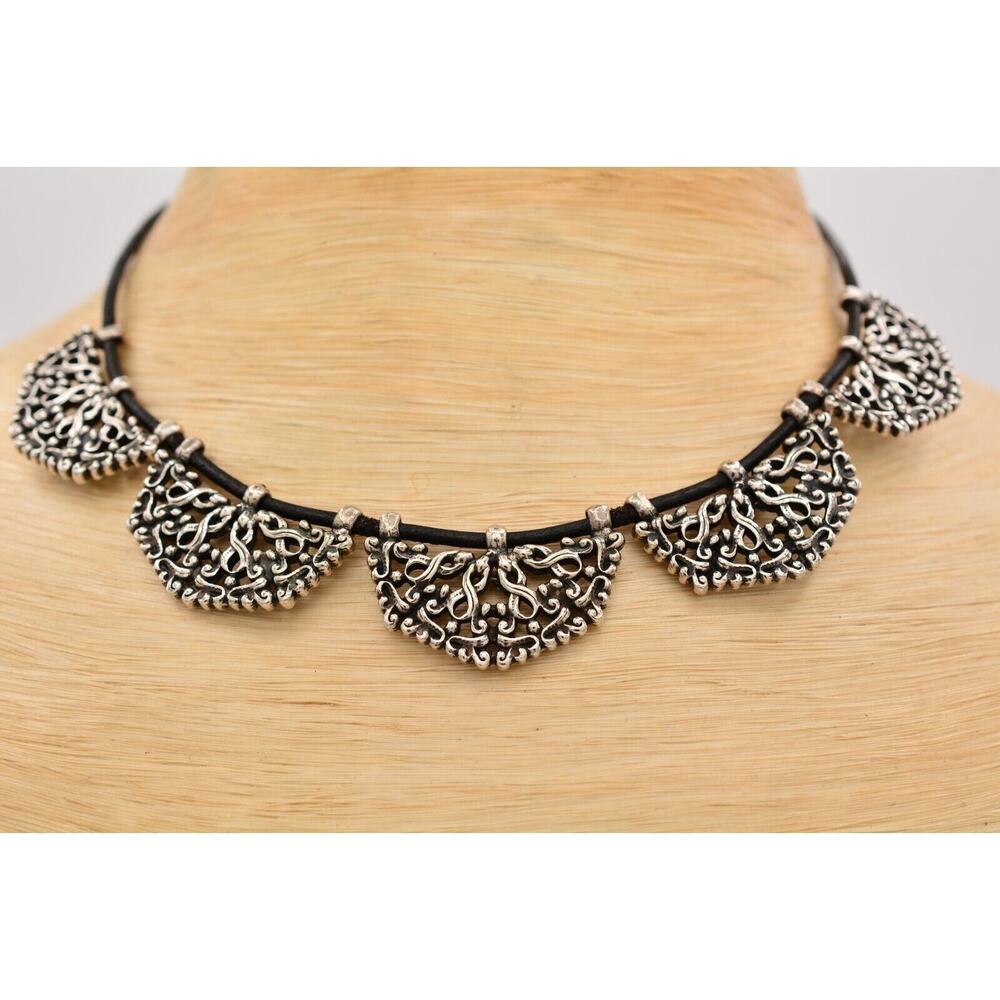 Phillipe Audibert Vintage Ornate Collar Necklace Silver Tone Black Signed BinAU